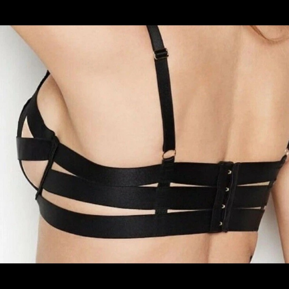 New VICTORIAS SECRET Black Bra Luxe Unlined Balconette Strappy Banded Caged 38DD - Picture 3 of 3